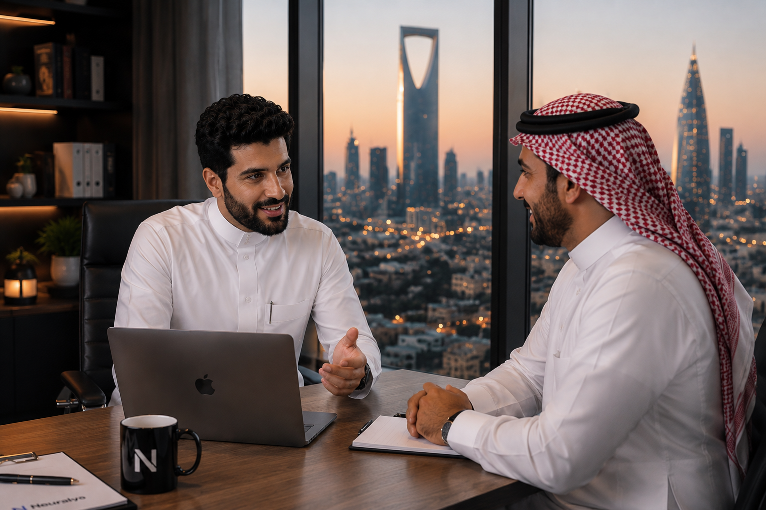 Neuralys Studio consultant reviewing project with client in Riyadh office